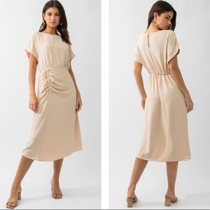 Beige Short Sleeve Elastic Shirring Midi Dress